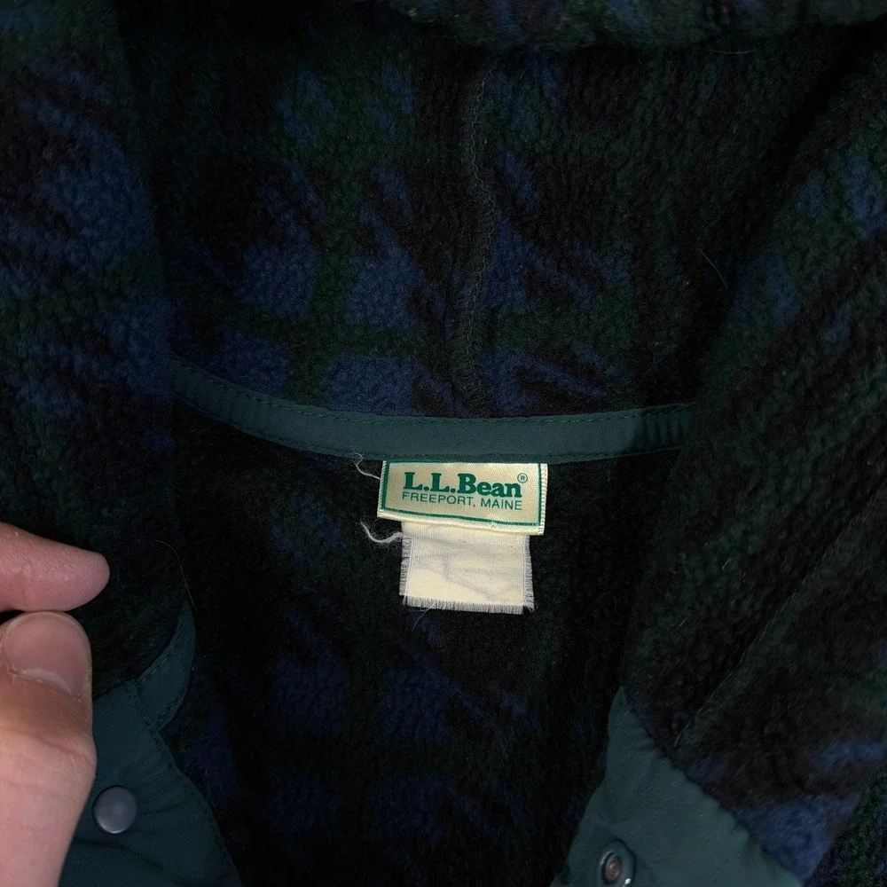 Vintage LL Bean Jacket Womens Large 1/4 Snap Hooded Fleece Pullover Green Plaid - Picture 4 of 11